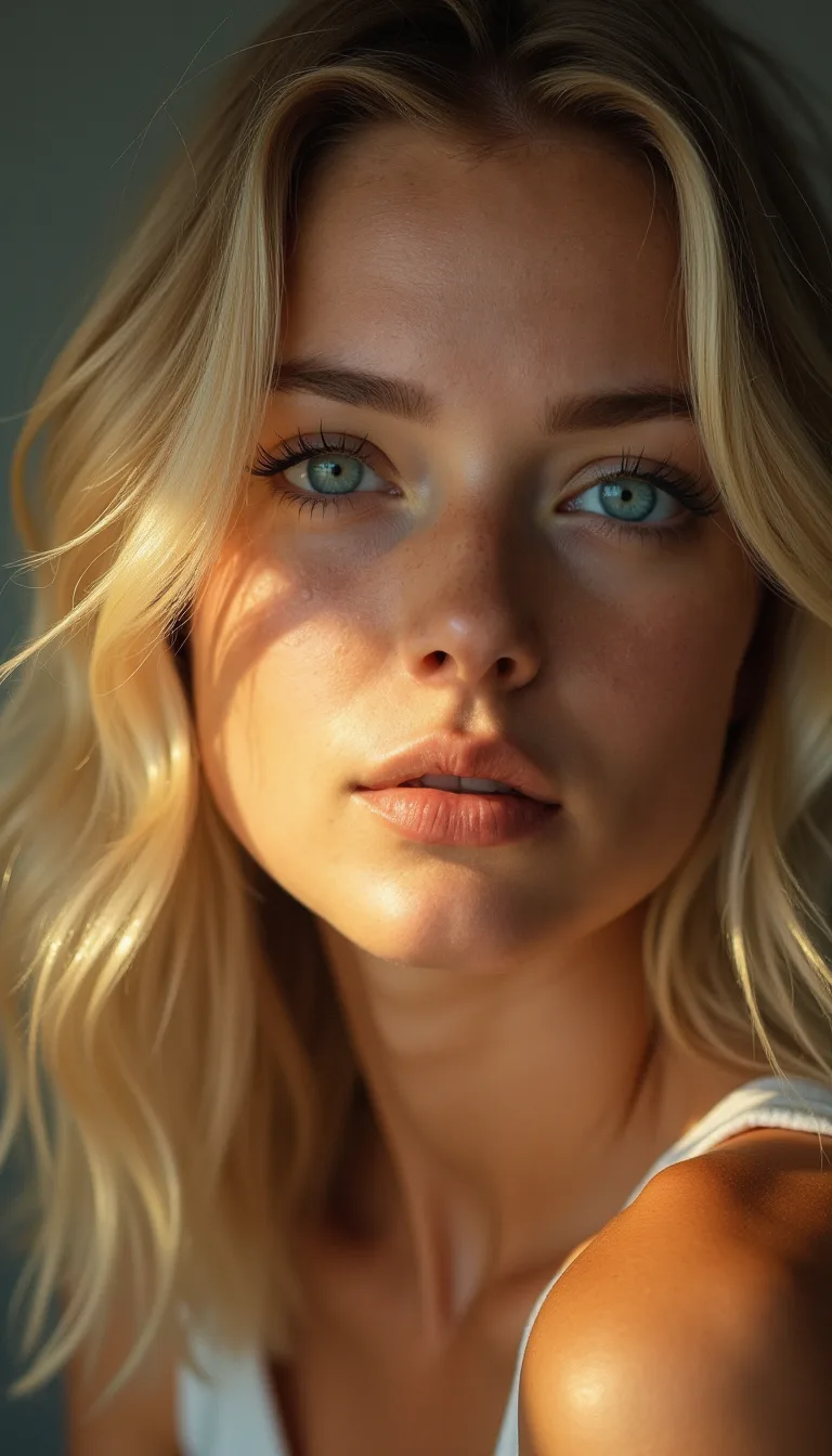 FLUX prompt: A close-up portrait of a woman with blonde hair and blue eyes
