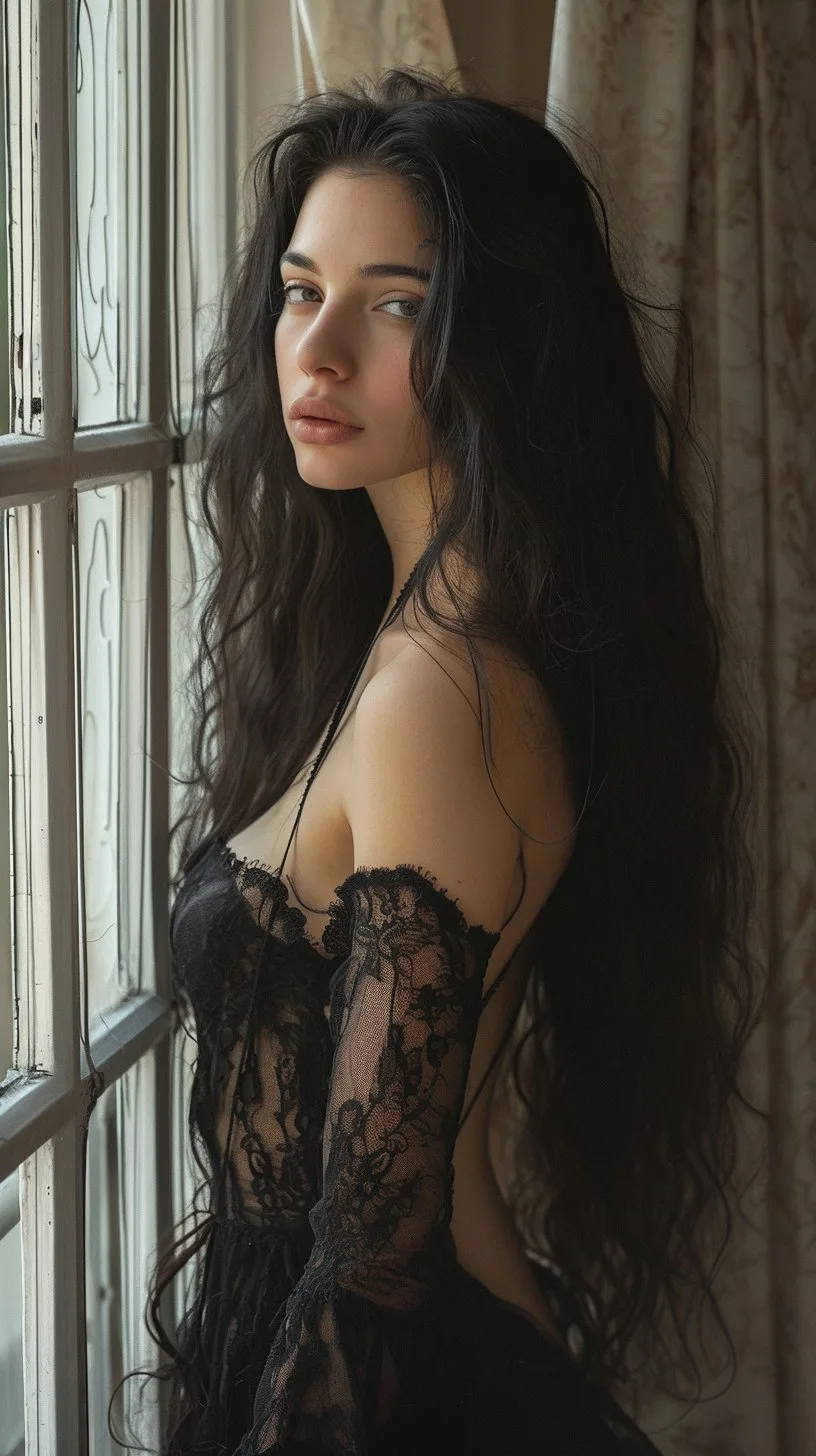 Midjourney prompt: a woman with long black hair standing on a balcony