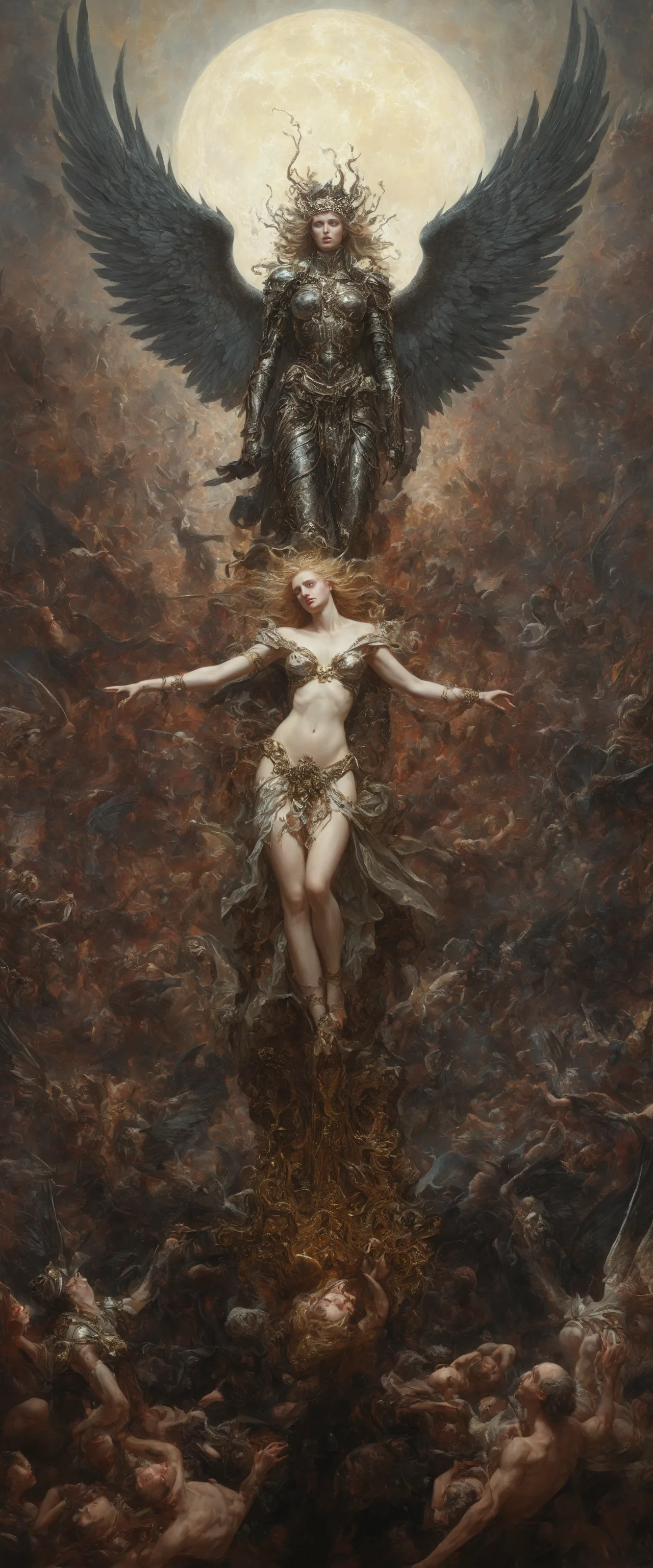 Stable Diffusion prompt: Dreamscape Dreamscape Dystopian style Impressionist painting Pointillism style Pointillism style Gothic style of a dramatic portrait of cyborg angels fighting mechanical hell spawn