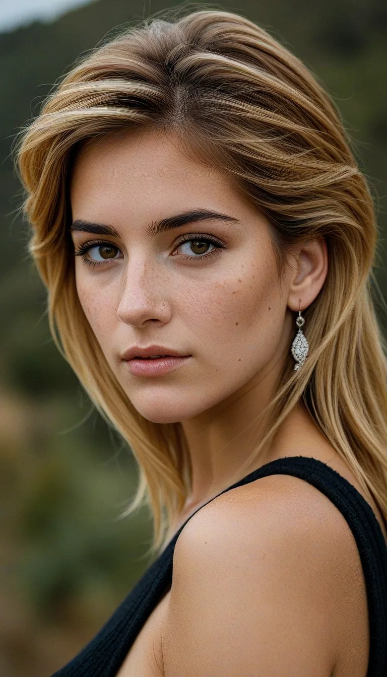 Stable Diffusion prompt: A portrait of a young woman with sun-kissed blonde wavy hair and light hazel eyes.