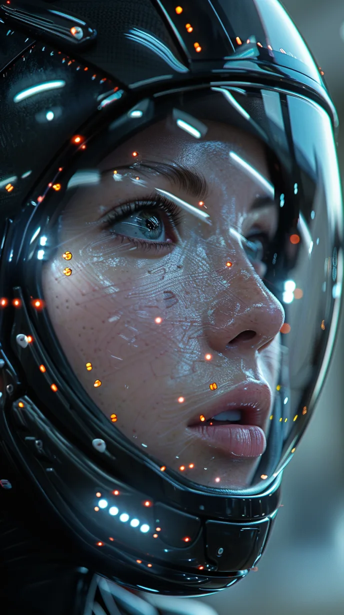 Midjourney prompt: woman in a high-tech cyberpunk helmet with a shiny black finish and detailed robotic accents. Her face is illuminated by a reflection of radiant silver wires