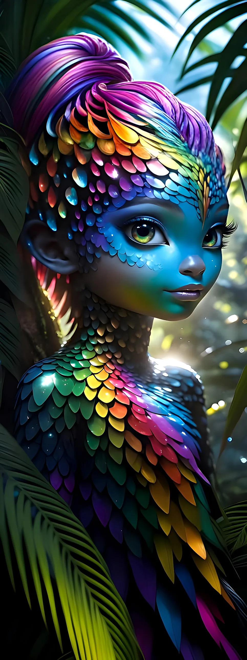 Stable Diffusion prompt: This magnificent half human creature with rainbow iridescent skin color