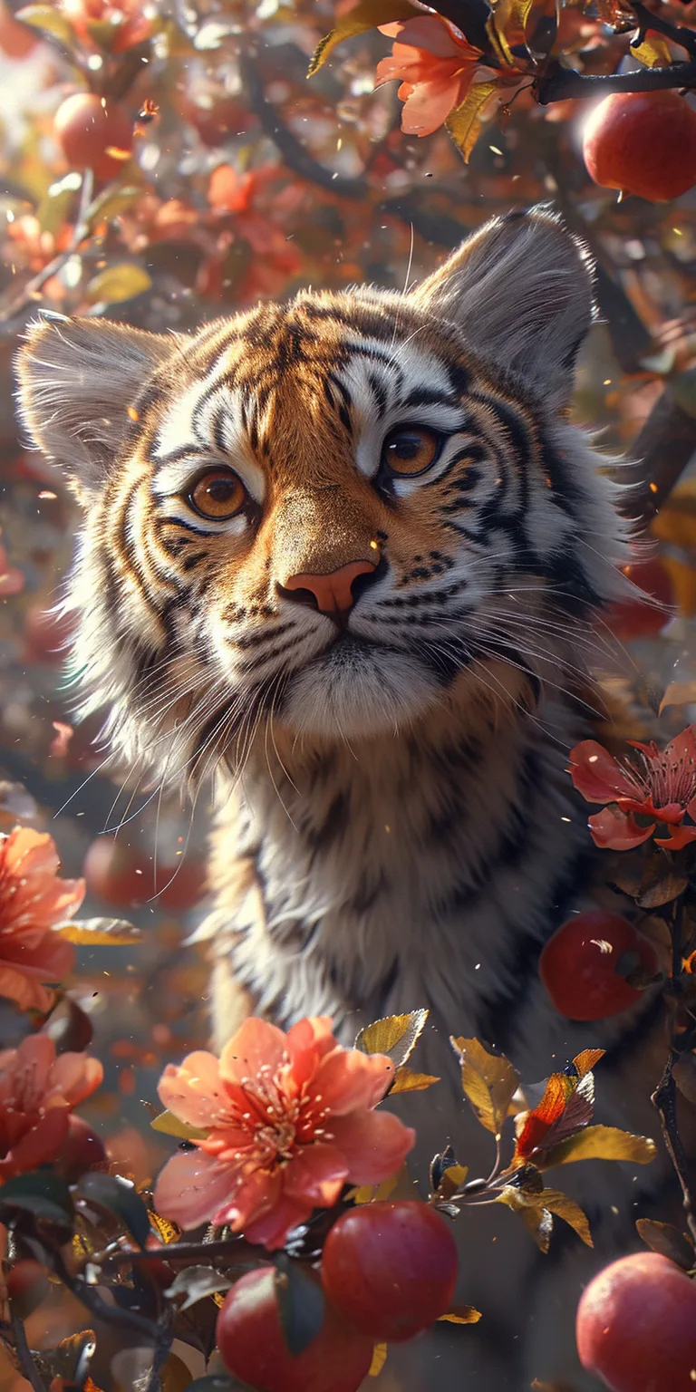 Midjourney prompt: digital art of a beautiful tiger pokemon under an apple tree