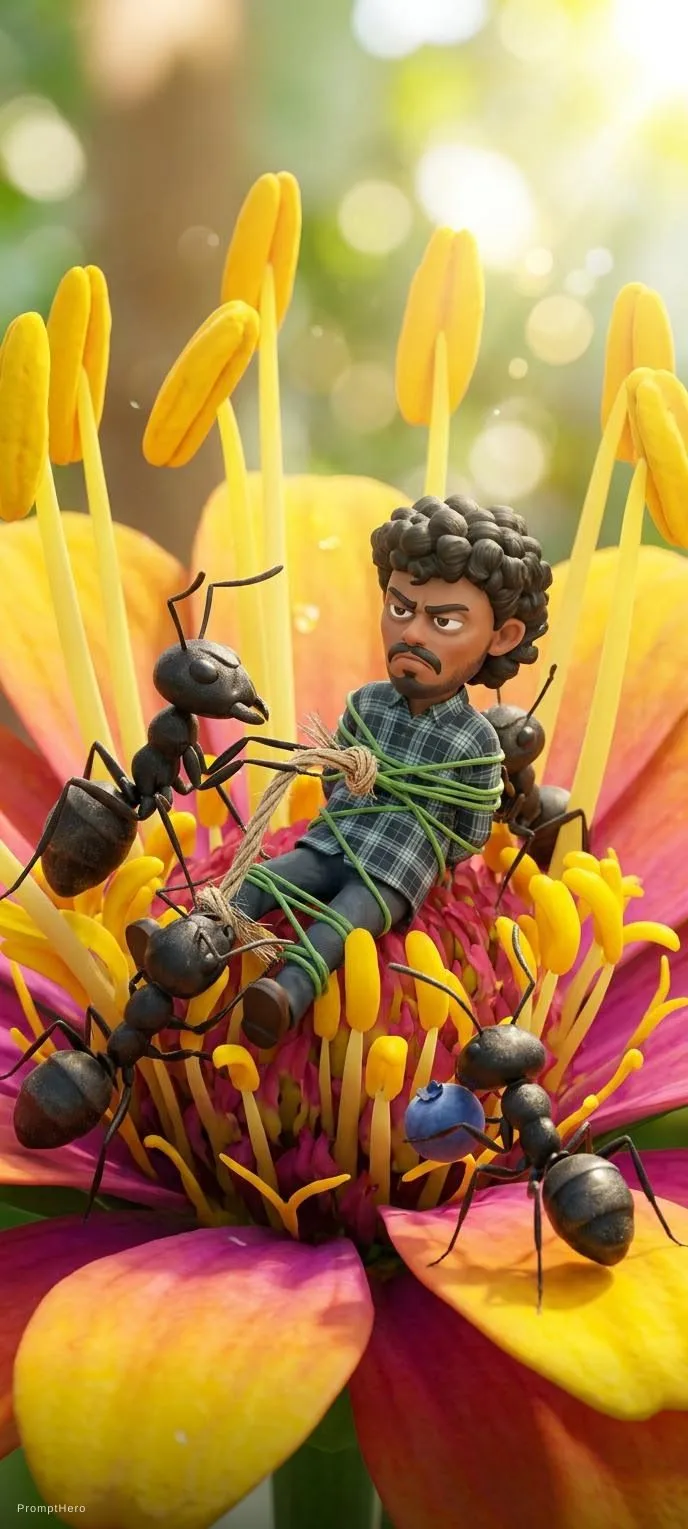 Hero prompt: An animation of several ants working together to defeat a giant villain in a flower.