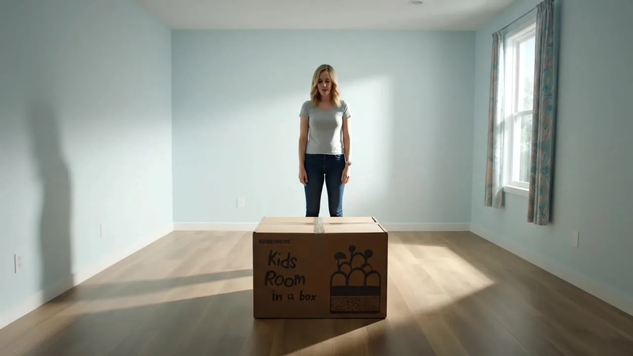 Veo prompt: "scene and action": "A woman stands in a completely empty kids bedroom in the morning light. A sealed box sits on the floor with the label 'Kids Room in a box'. The box rattles