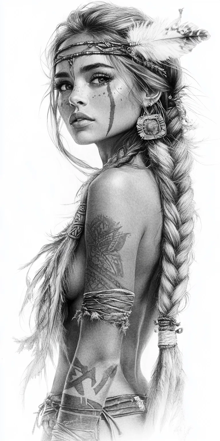Midjourney prompt: black and white drawing of a Viking warrior woman with braided hair