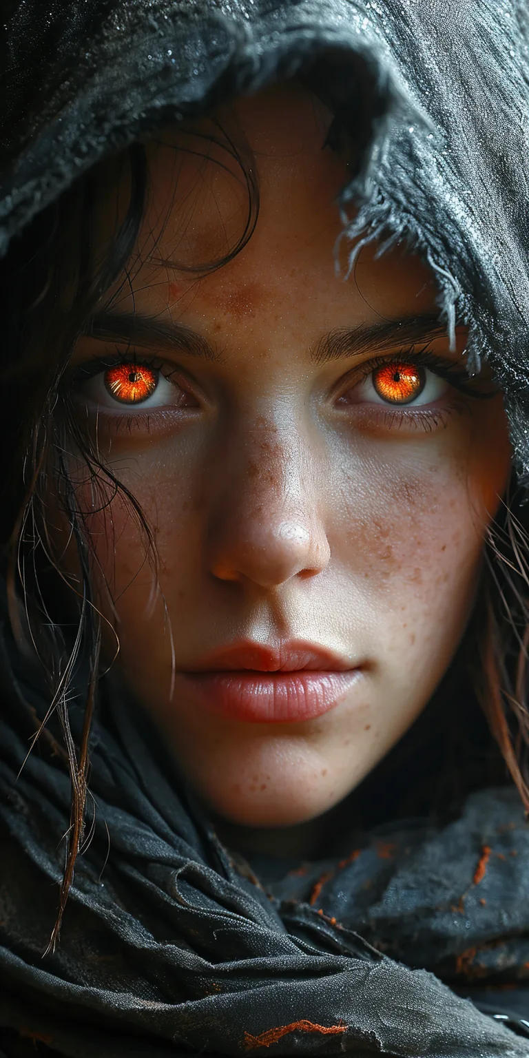 Midjourney prompt: a woman with red eyes in a hood