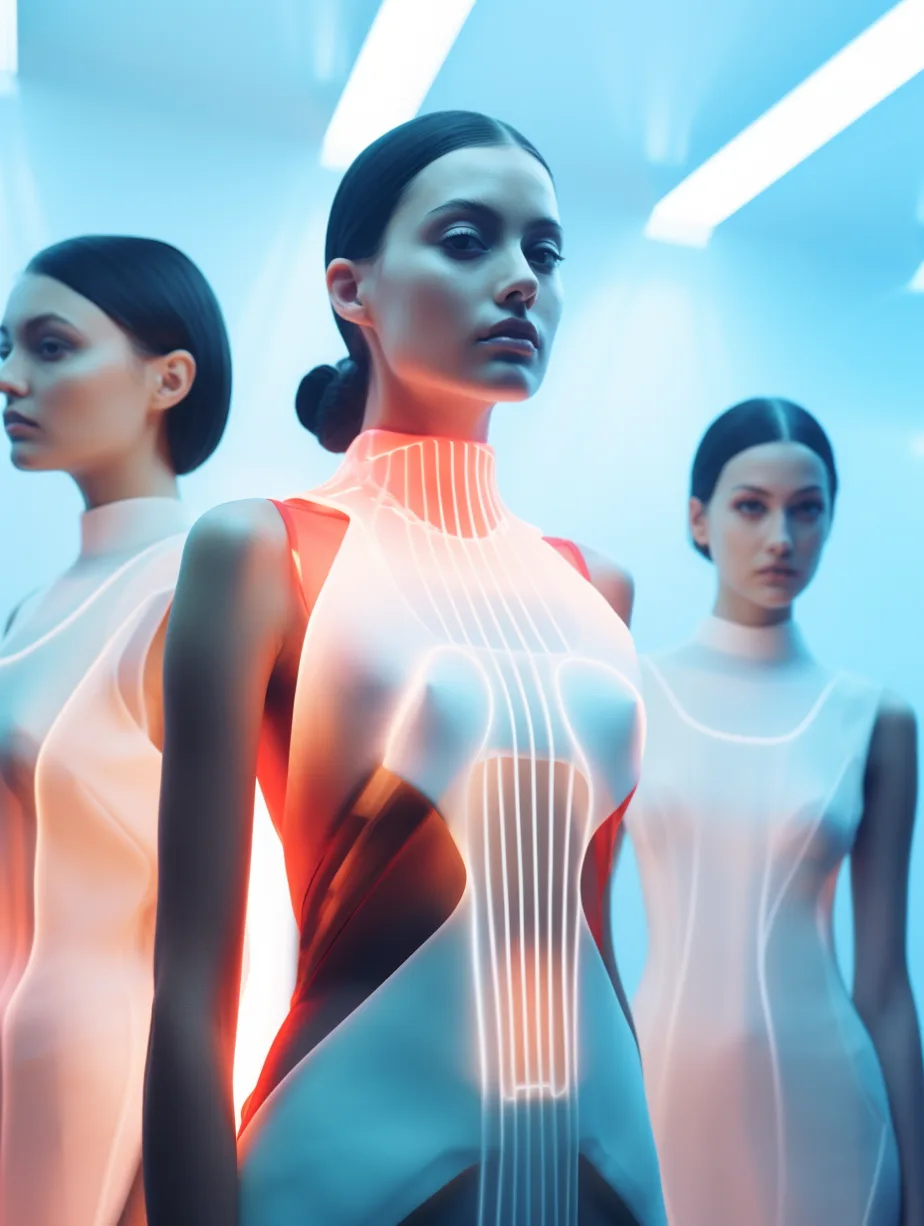 Midjourney prompt: disposable photography of fashion models wearing 3d printed dress