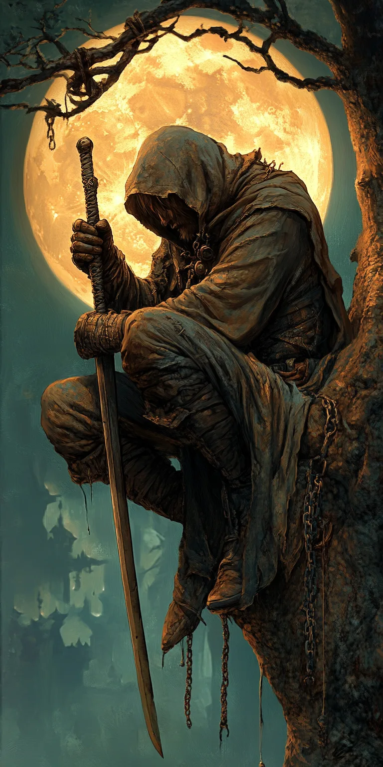 Midjourney prompt: A hooded figure sits on the edge of an old tree