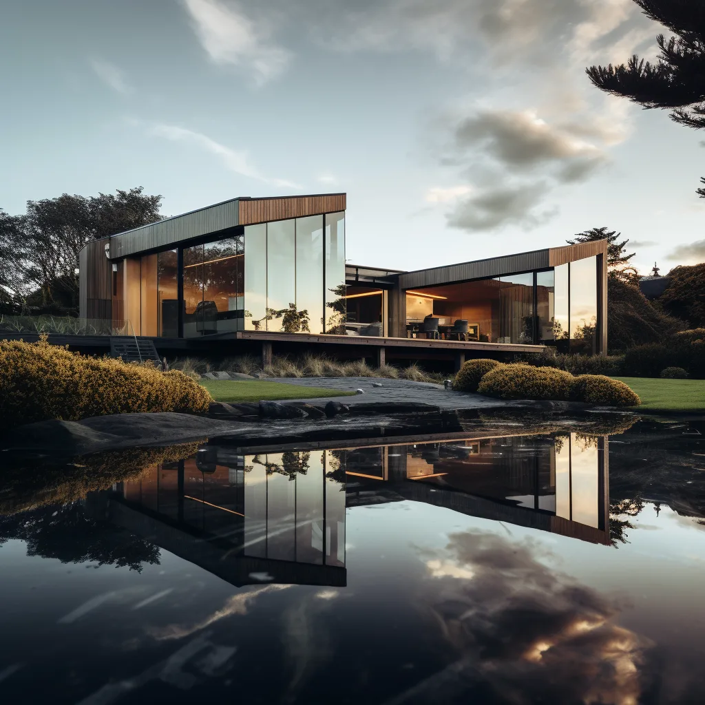 Midjourney prompt: lark architects reflect house in new zealand