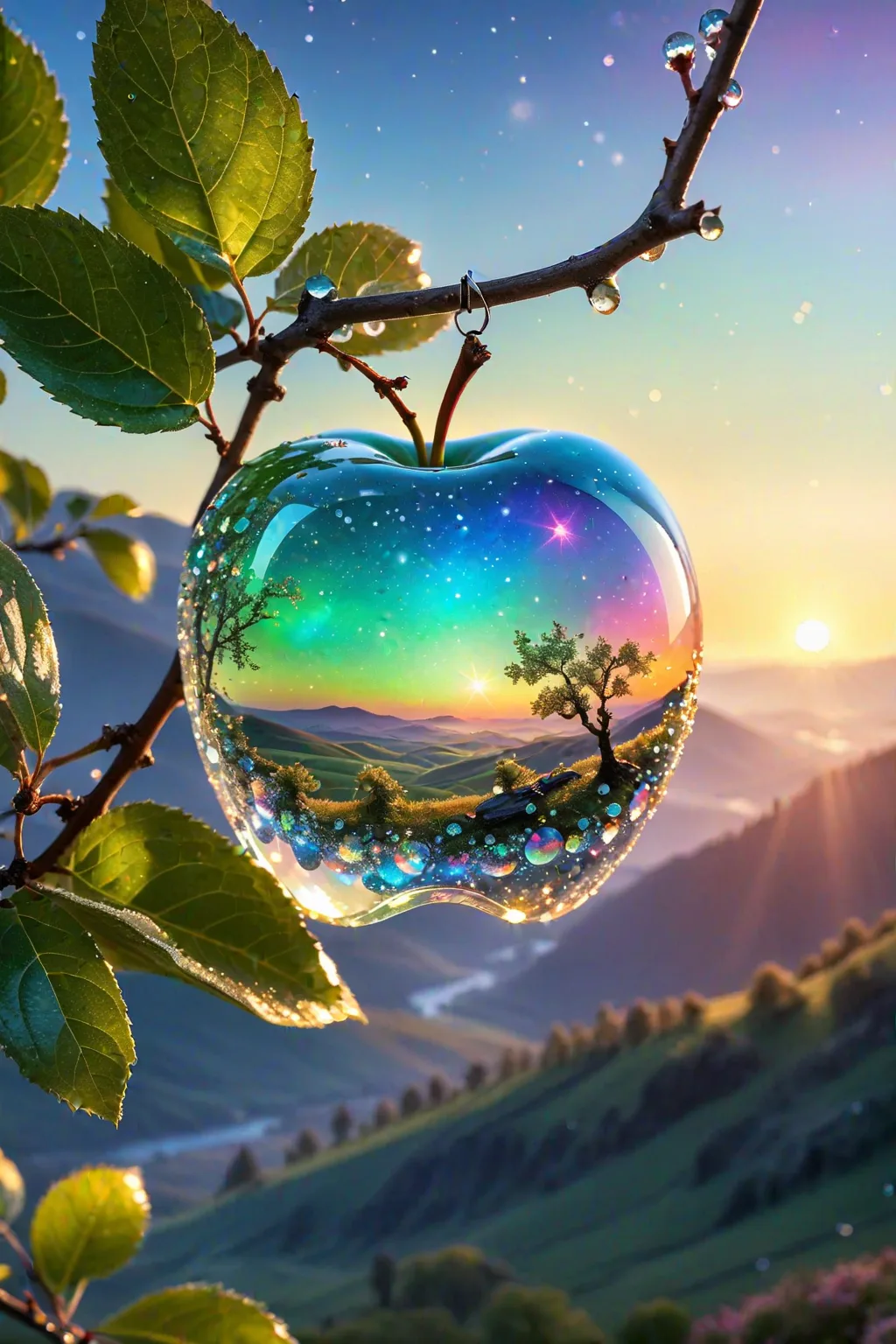 Stable Diffusion prompt: a delicate apple made of opal hung on branch in the early morning light