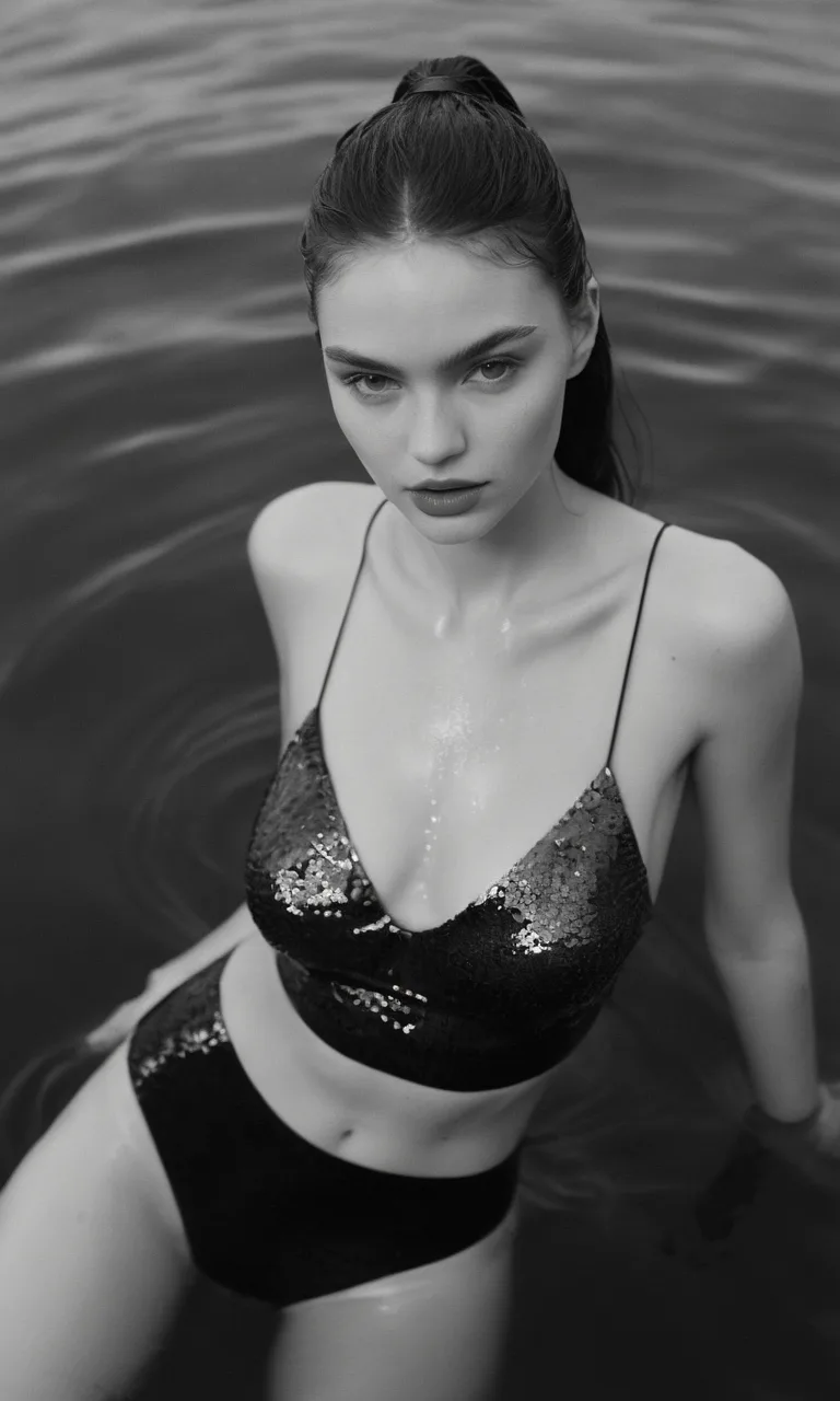 Realistic Vision V2.0 prompt: a young woman in glossy swimsuit in the water
