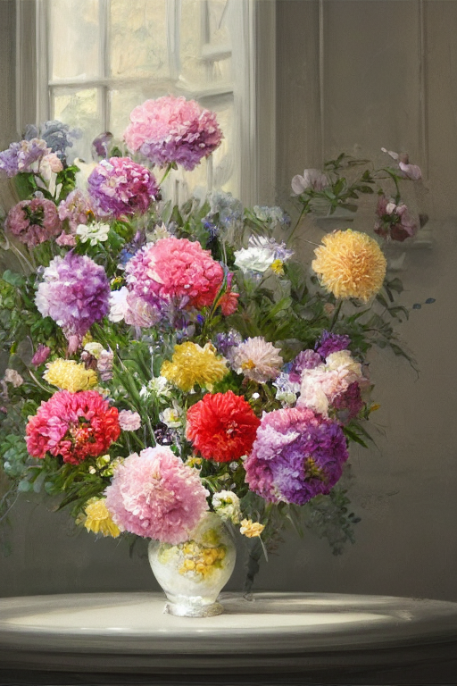 پیشنمایش منبع: Stable Diffusion prompt: painting of a bouquet of flowers in vase, interior...