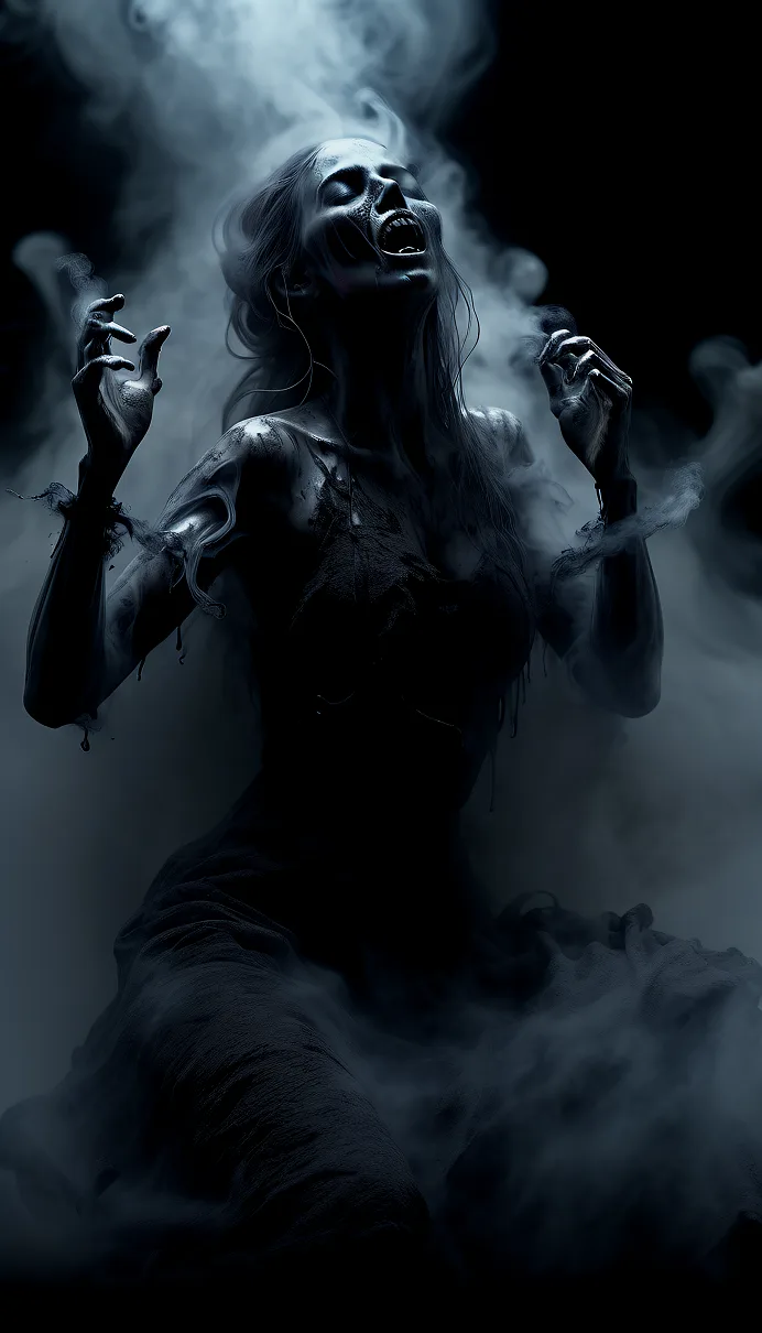 Stable Diffusion prompt: 3d render smoke swirling horror female demon Ghost dripping plasma