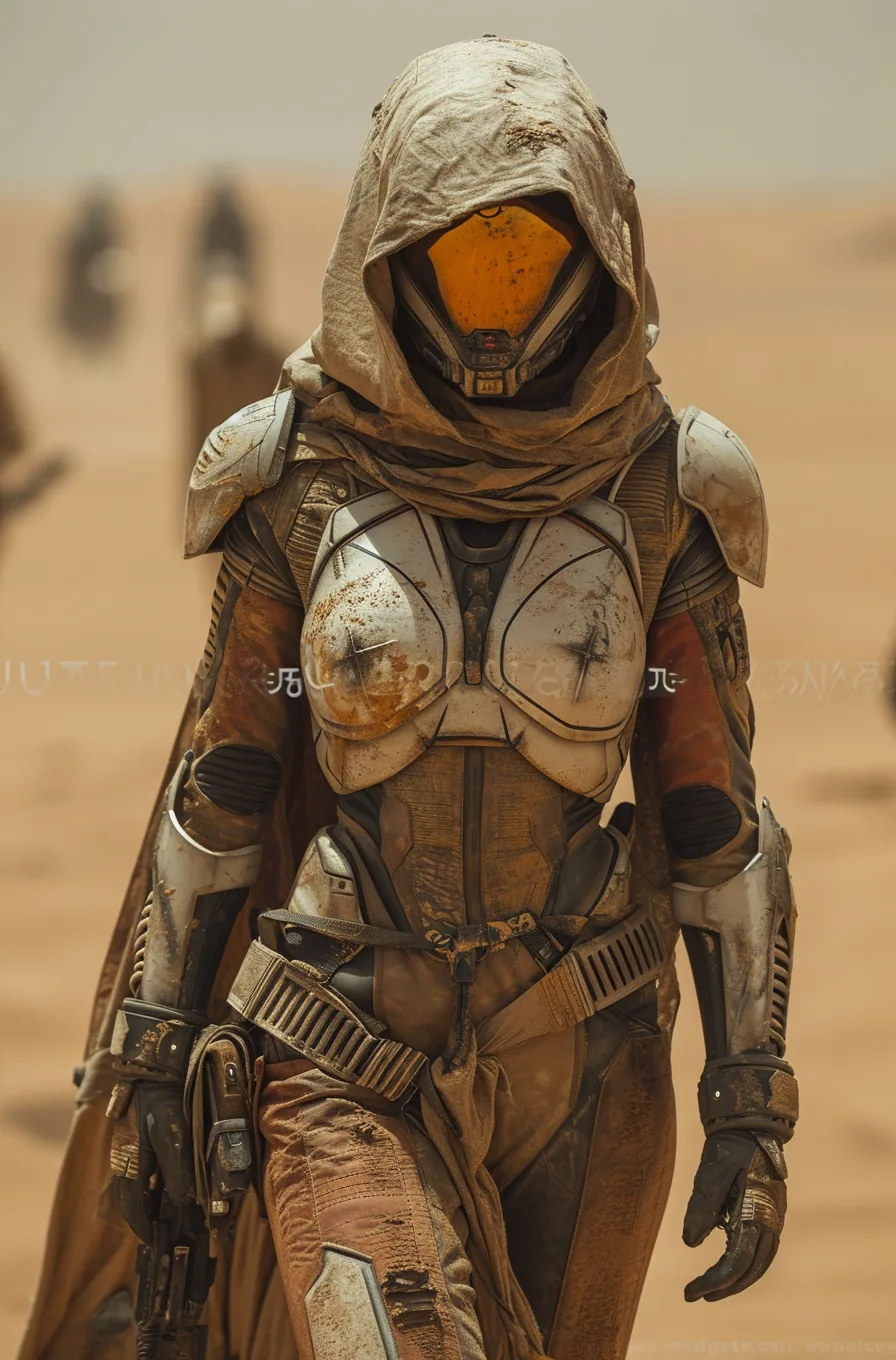 Midjourney prompt: female in futuristic armor in a desert on Mars-like planet