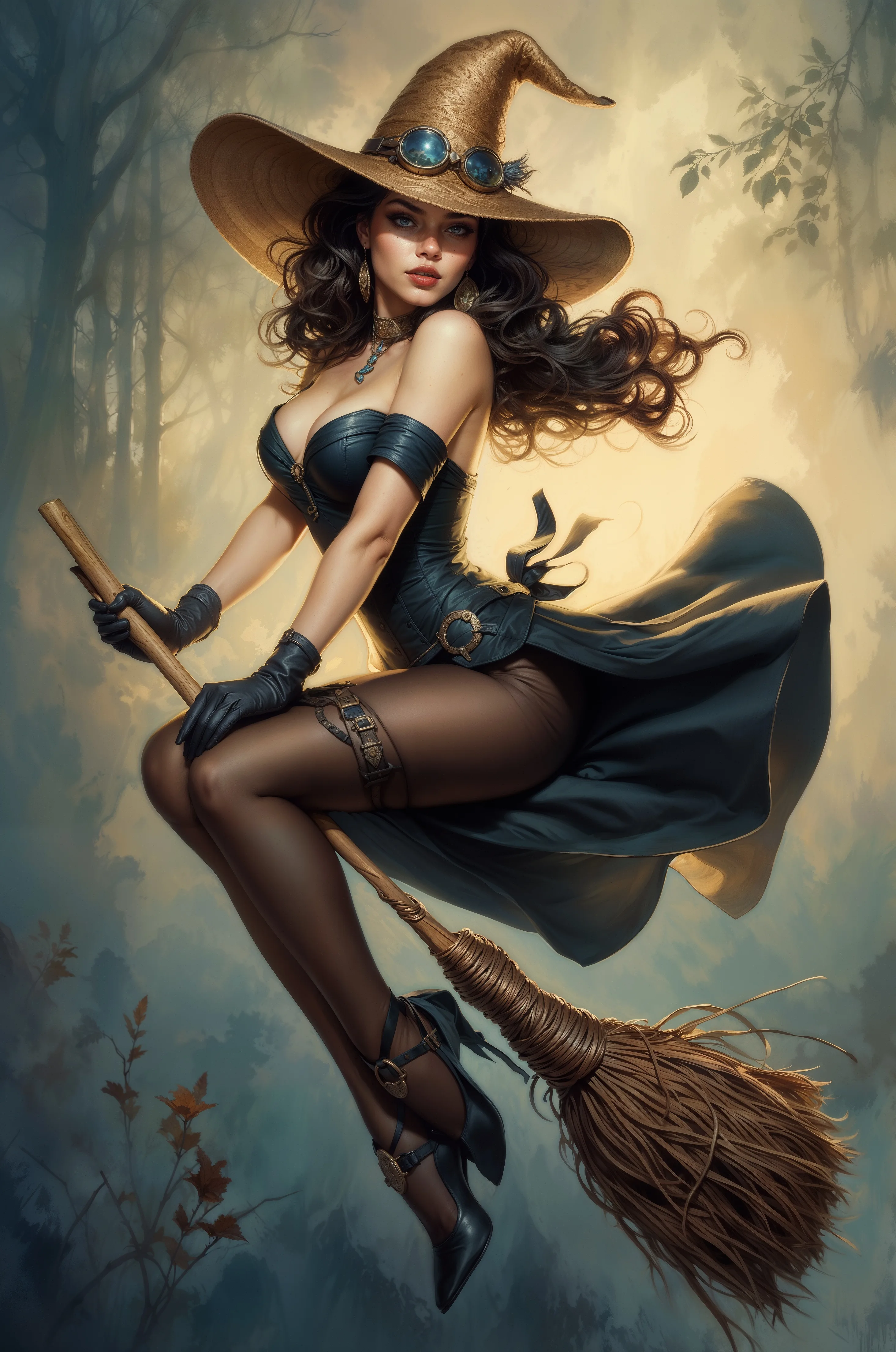 SD XL prompt: A mesmerizing and intricately detailed drawing of a brunette witch