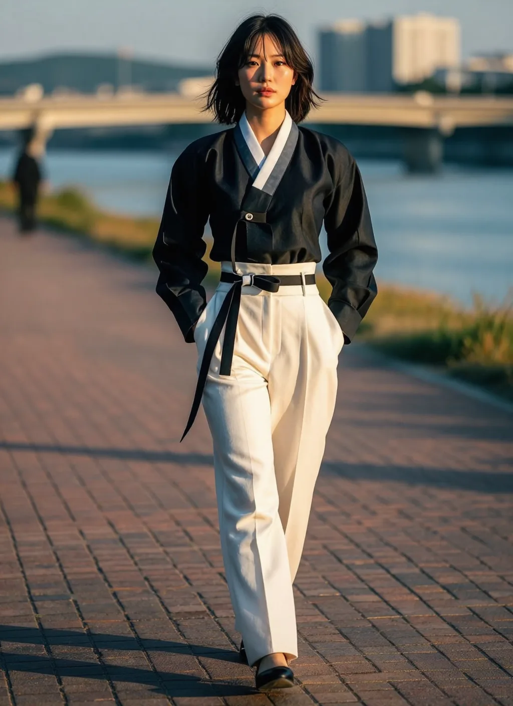 Zimage Turbo by Stable Yogi prompt: ultra-realistic view photo of a Korean female model in 2026 Seoul Korea. Long shadows at the sunset hour. She is striding down a brick pathway looking intently at the camera.
