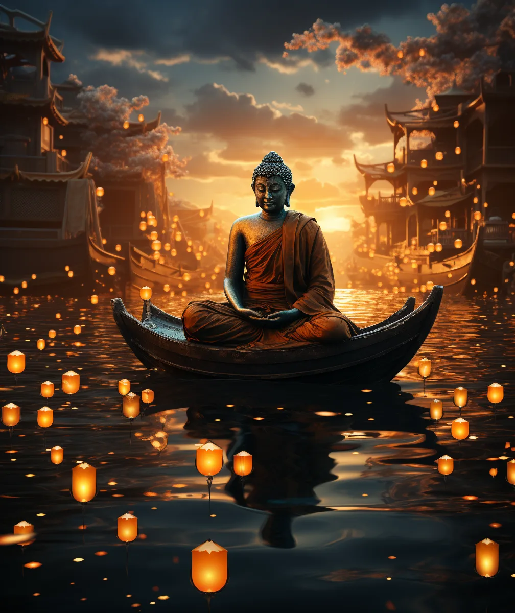 Midjourney prompt: beautiful golden image of buddha sitting in water with bright full moon hanging in the sky