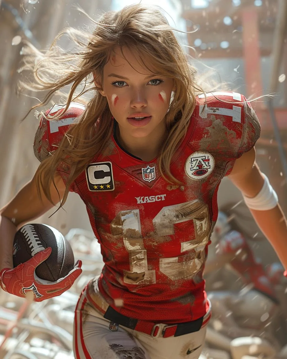 Midjourney prompt: In this fantastic scene a full body  Taylor swift American Footballer Toddler is wearing red and gold Kansa city  uniform and helmet
