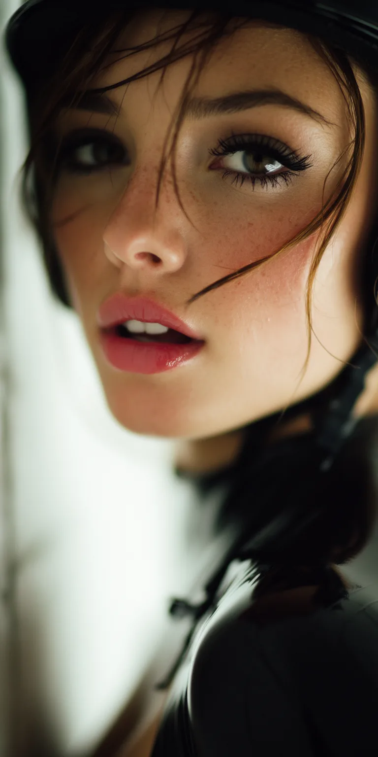 Midjourney prompt: Close-up shot of a woman wearing a black latex outfit and full-face helmet