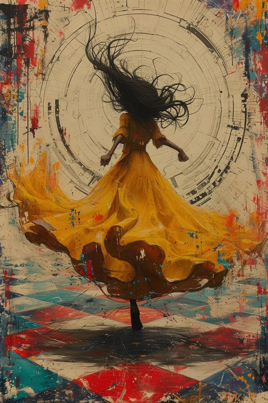 Midjourney prompt: a girl in a yellow dress dances on a checkered floor