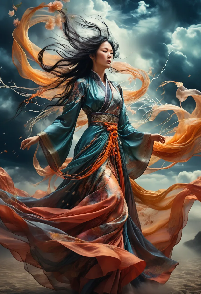 Stable Diffusion prompt: dreamscape an Asian woman in a gorgeously detailed dress with flowing fabrics blowing in the wind in an ethereal scene