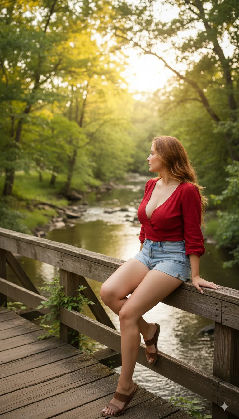 Nano Banana prompt: A woman sits on the railing of a bridge overlooking a serene creek