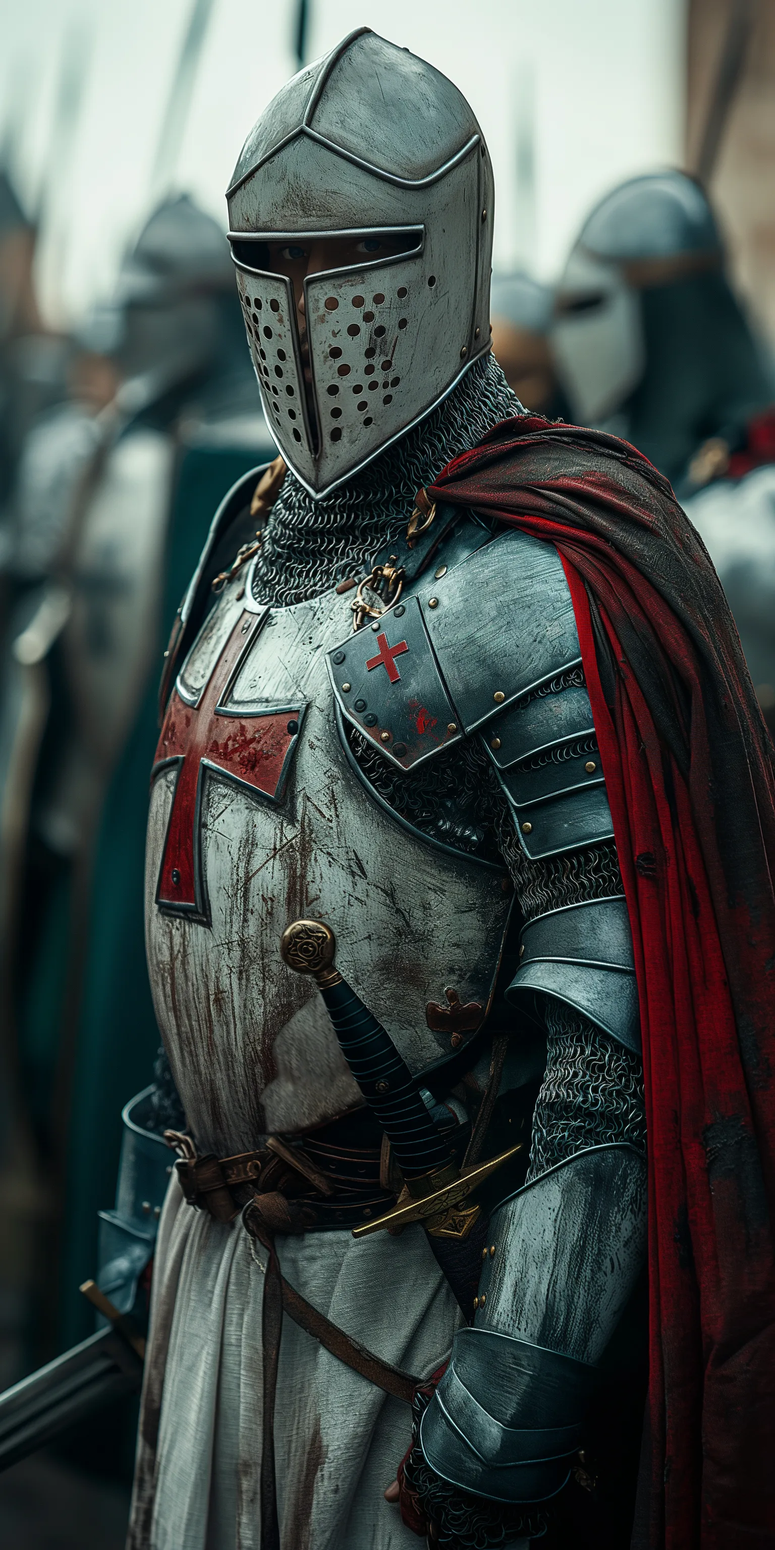 Midjourney prompt: Photorealistic photo of the armor and helmet of a Templar knight