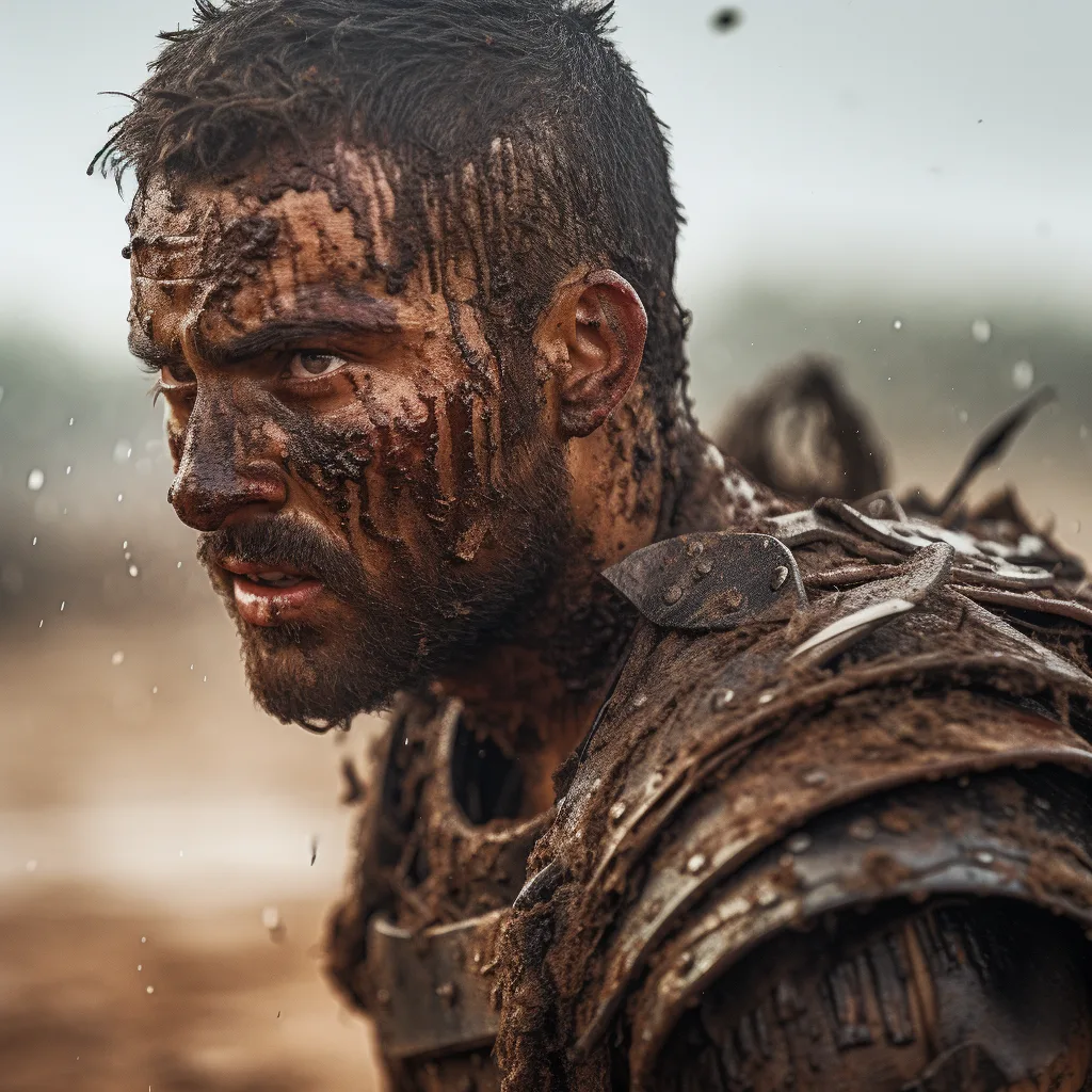 Midjourney prompt: The gladiator stands after the battle