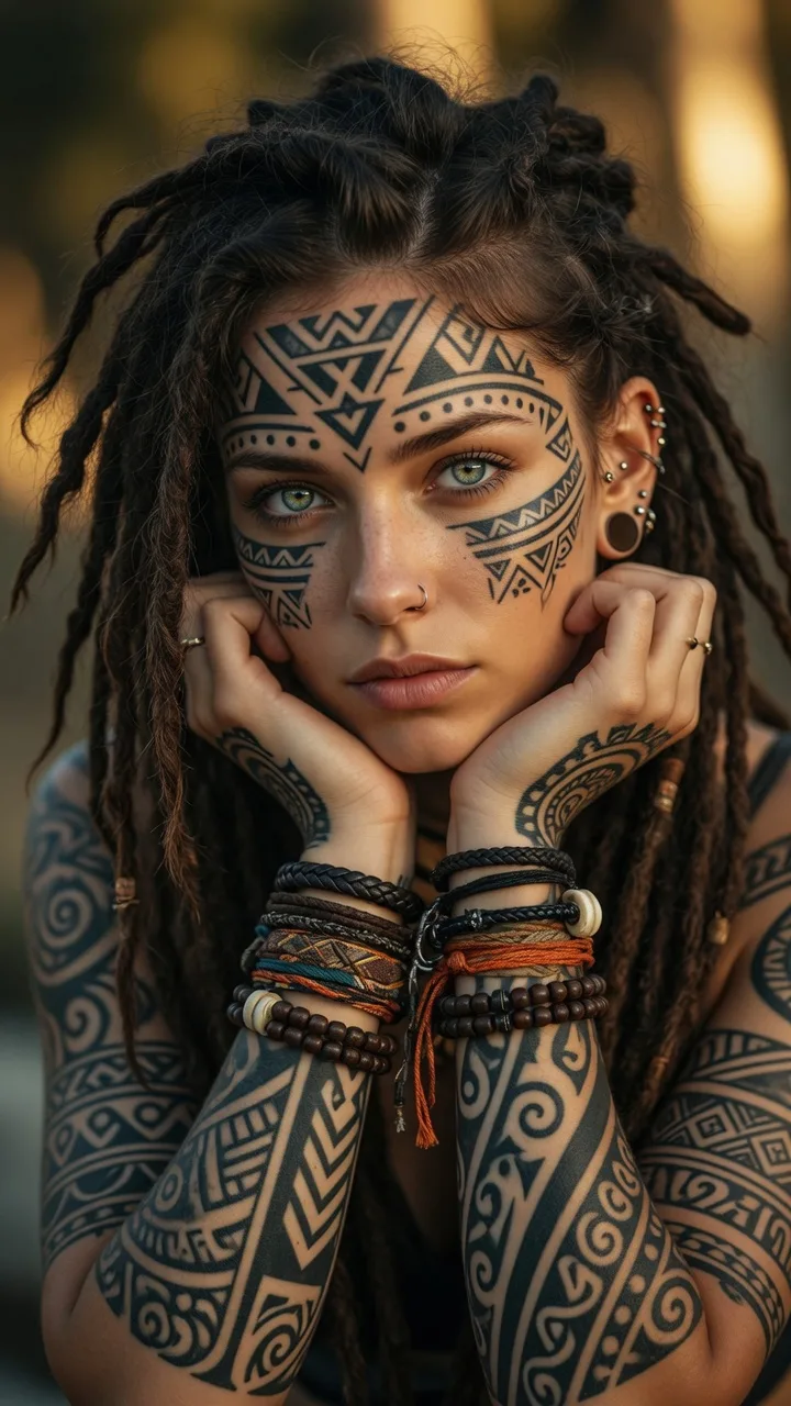 A stunningly beautiful young woman with striking light blue-green eyes