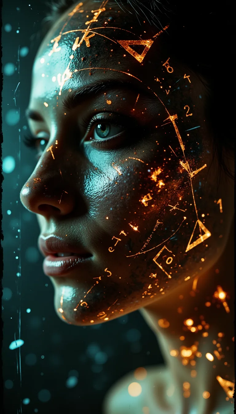 FLUX prompt: Shadowrun Math Projection - A close-up of a person's face with set logical ambient background