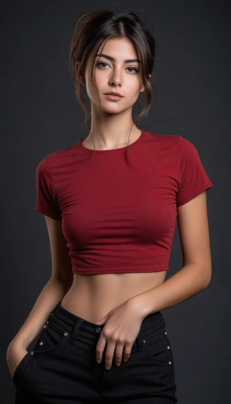 Stable Diffusion prompt: An image of a young woman with a medium complexion and chestnut-colored hair styled in a casual updo with loose strands around her face.