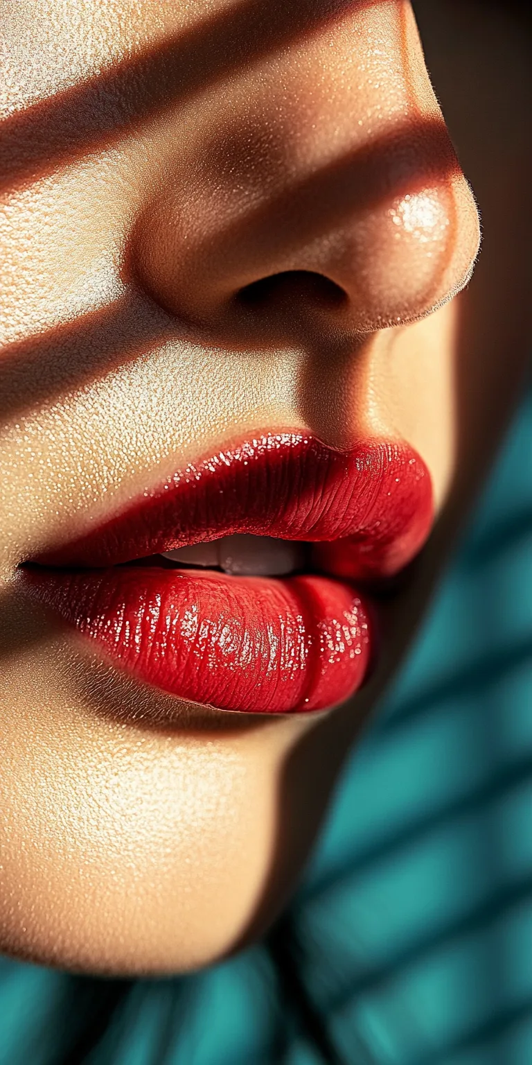 Midjourney prompt: A close-up of the red lips and nose of an elegant woman against a white background