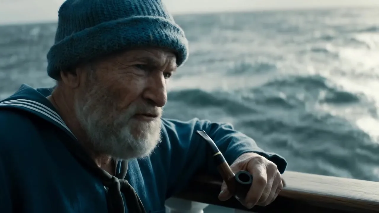 Veo prompt: A medium shot frames an old sailor