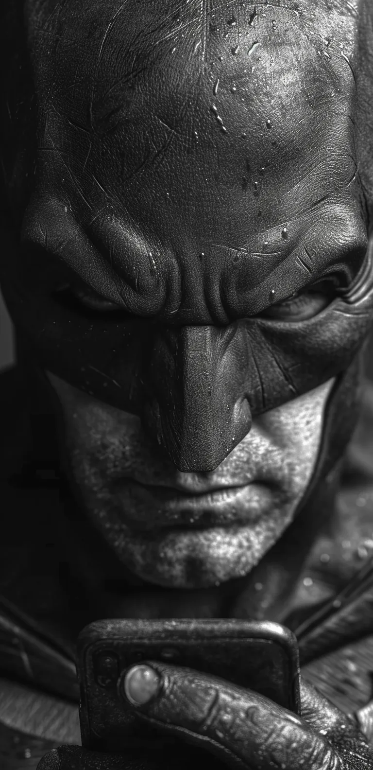 Midjourney prompt: batman holding a phone