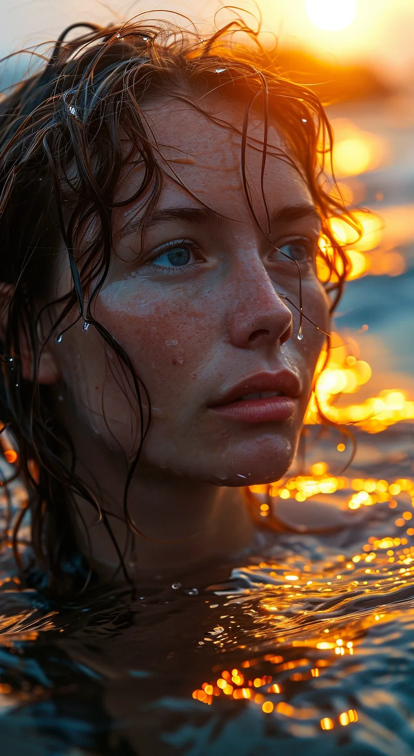 Midjourney prompt: girl in the ocean on sunset