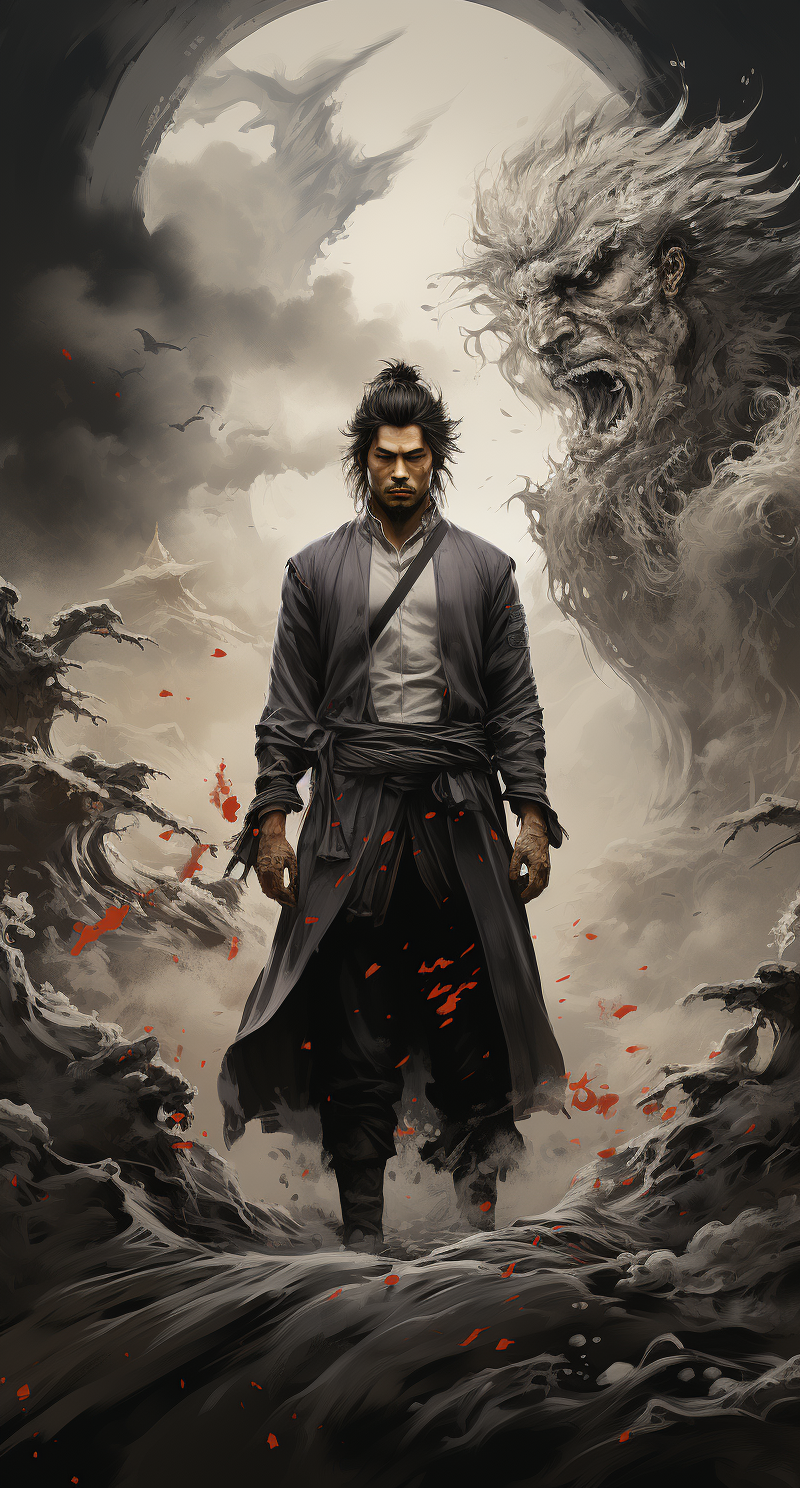پیش‌نمایش منبع: Midjourney prompt: japanese samurai in front of a dragon, in the styl...