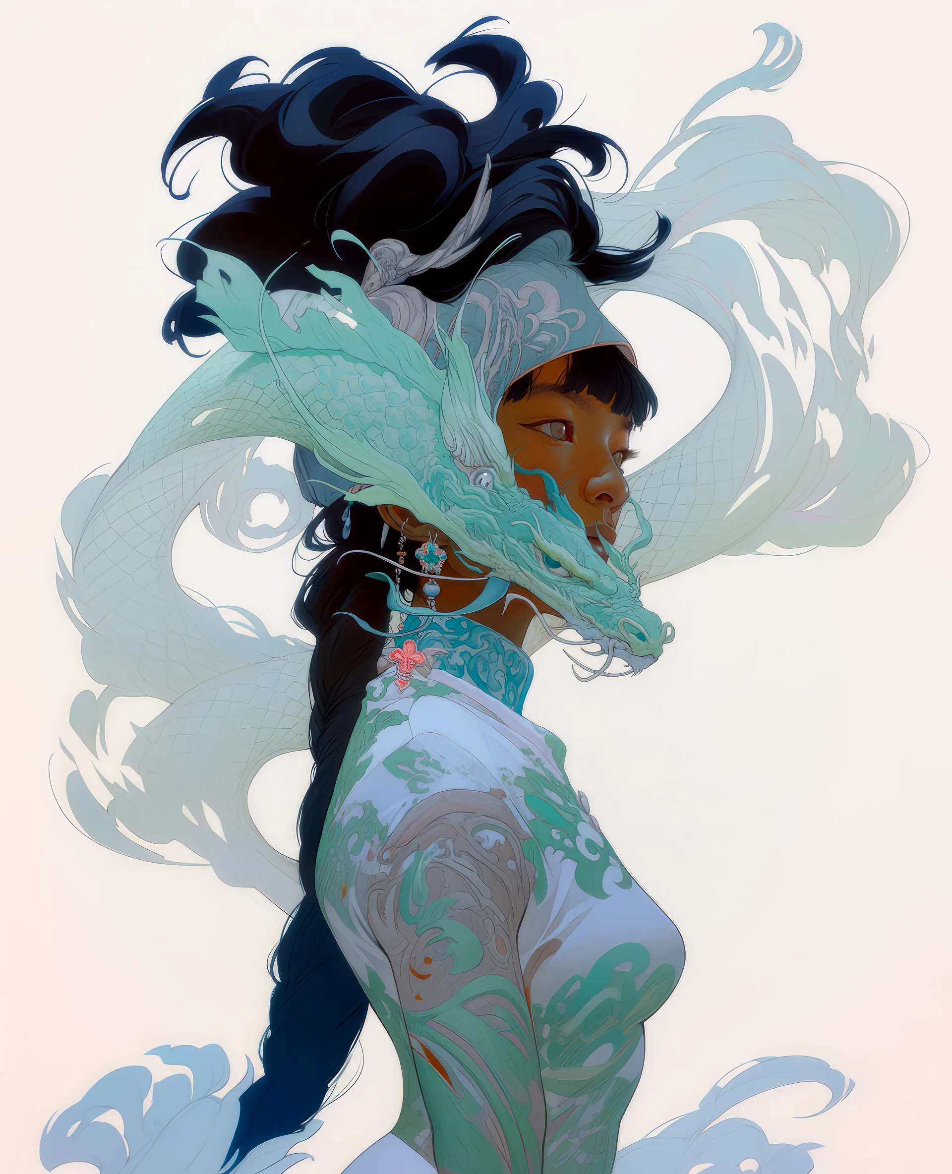 Midjourney prompt: a painting of a woman with a dragon head