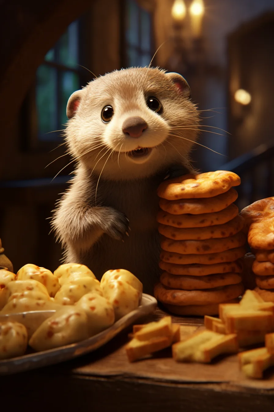 Midjourney prompt: A cute otter who steals bread from a human table