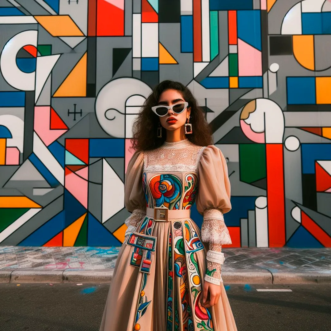 DALL·E prompt: A 90s street photographer in Santiago portraits a confident model in front of abstract graffiti made only with straight and colorful shapes. The dress creates an amazing blend in color and form