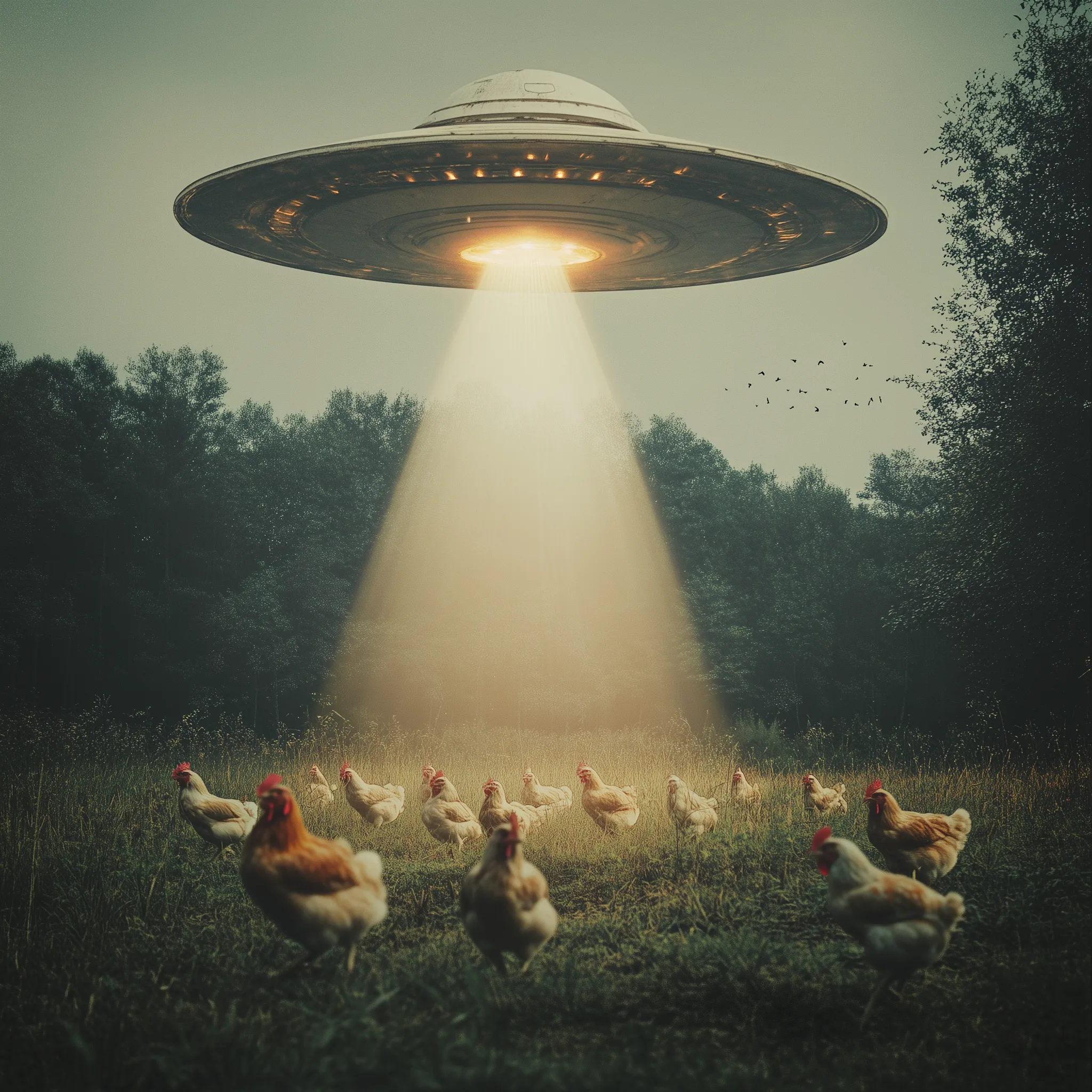 Midjourney prompt: A large flying saucer shines down light on chickens running around in the field