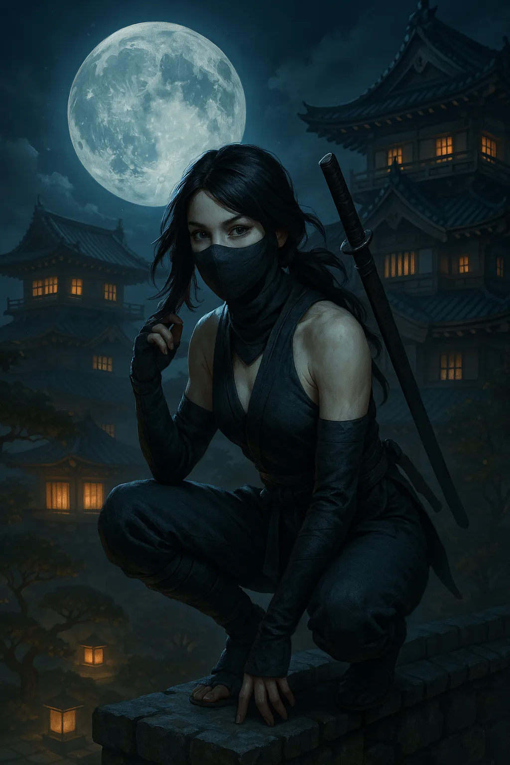 ChatGPT Image prompt: a close up digital fantasy artwork featuring female ninja character squatting high on a japanese castle wall.