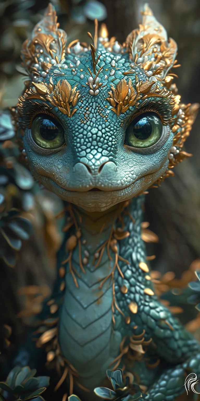 Midjourney prompt: baby dragon in the forest near trees with large green eyes