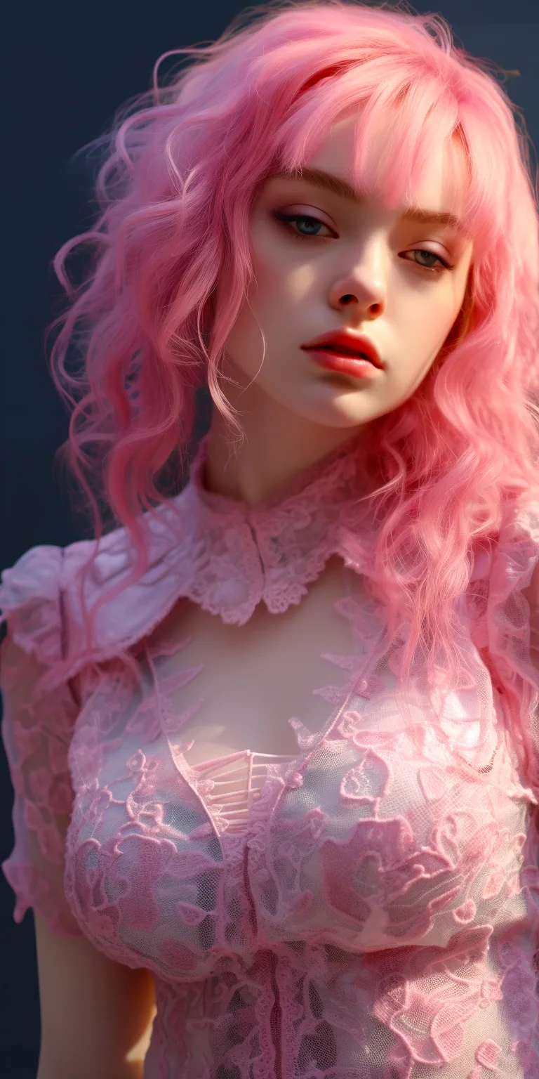 Midjourney prompt: Fashion photo of a woman wearing pink hair in a pink lace dress
