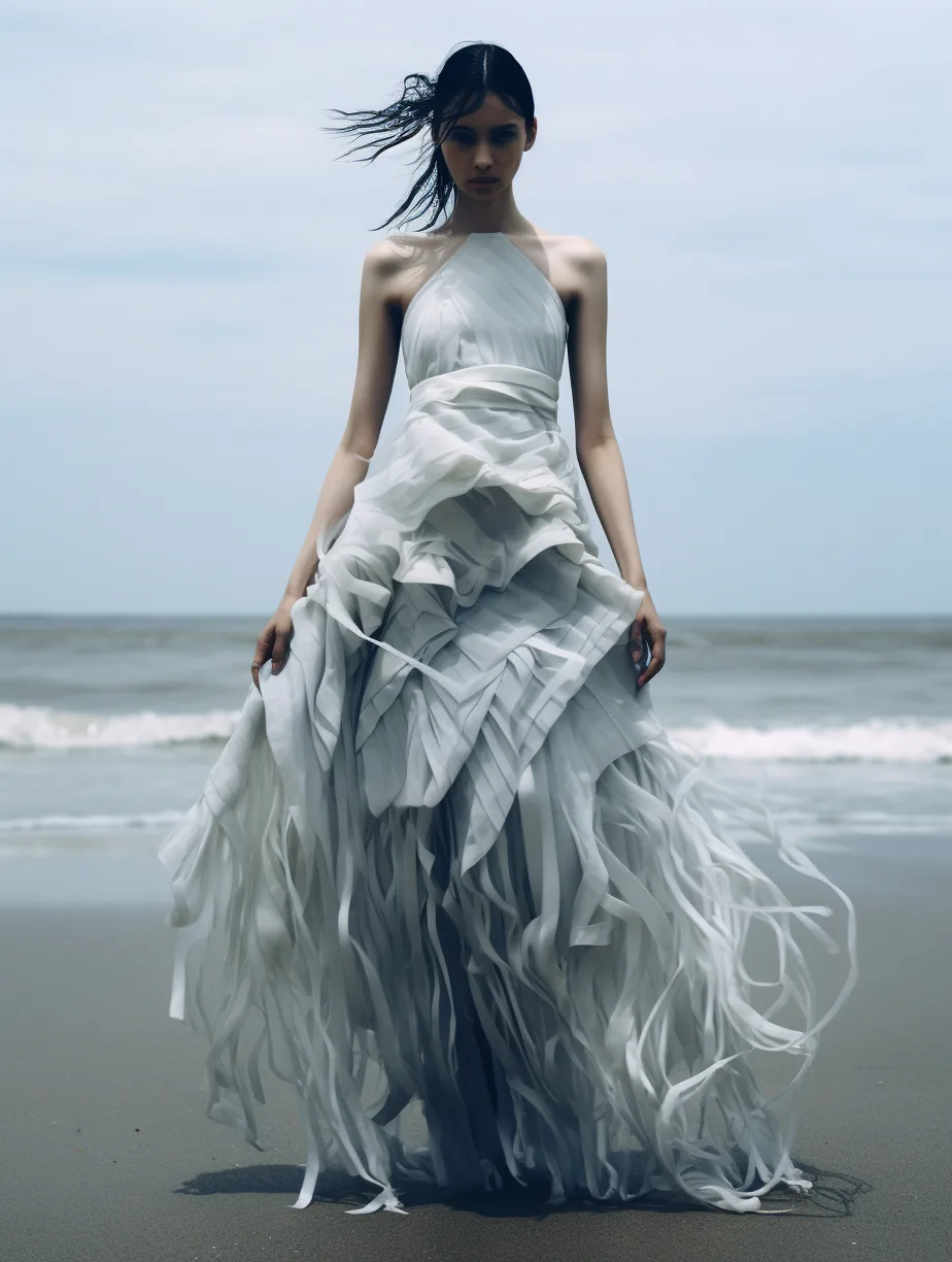 Midjourney prompt: a woman in a white dress standing on a beach