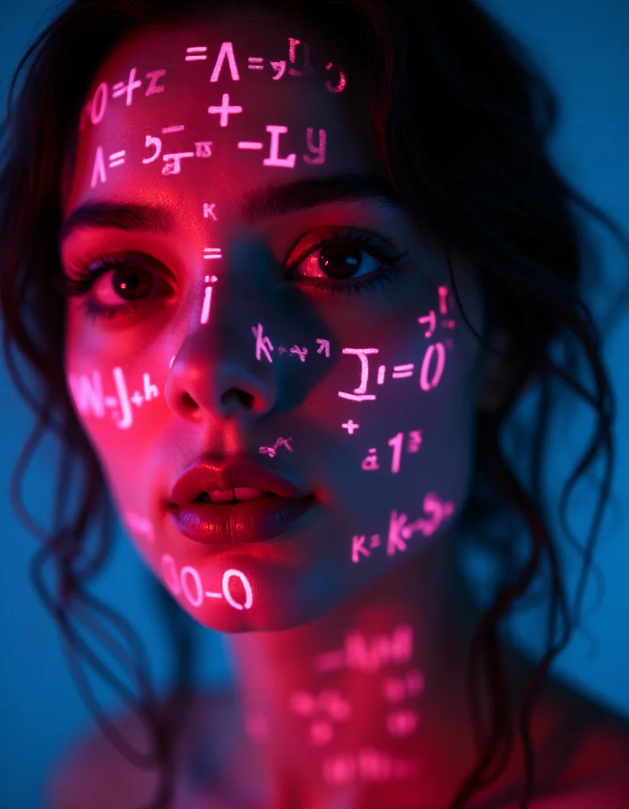 FLUX prompt: Shadowrun Math Projection - A close-up of a person's face (Jessica Szohr) with set logical ambient background