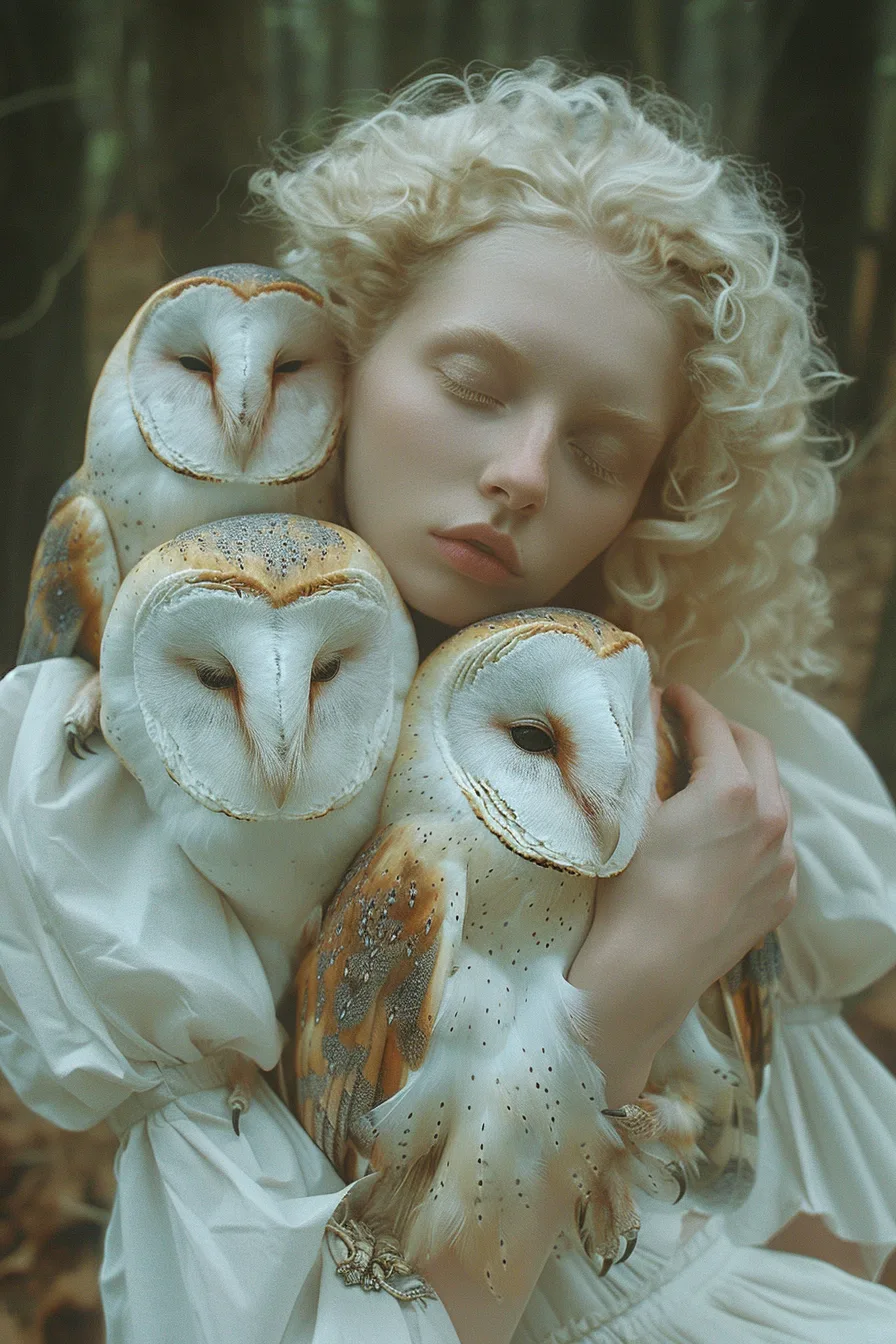 Midjourney prompt: images of woman with her owls