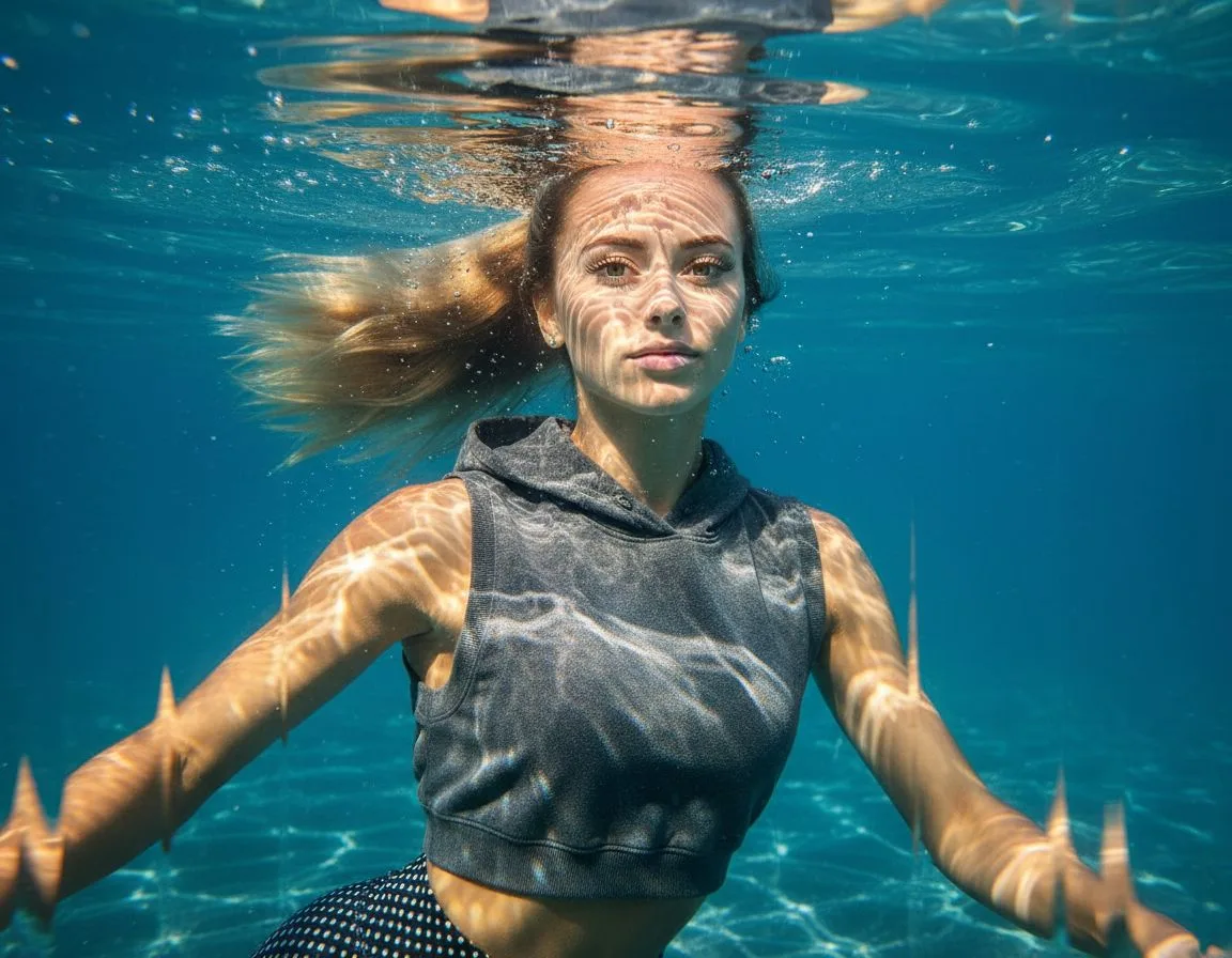 Nano Banana prompt: A beautiful girl with big green eyes slanted almond-shaped very cute eyelashes is swimming underwater. The water around her shimmers like glass. The girl's shirt color glitters with light blue