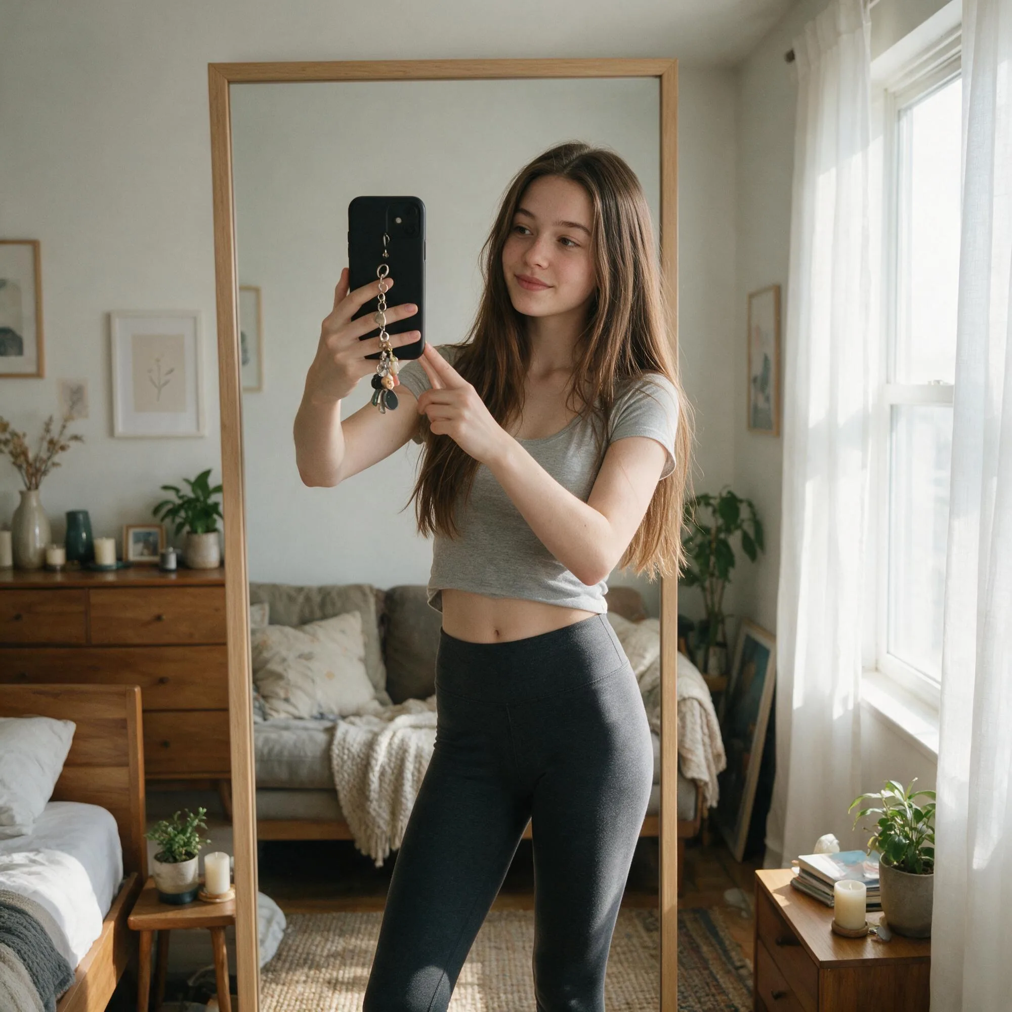 Hero prompt: the girl takes a photo with her phone of herself in the mirror
