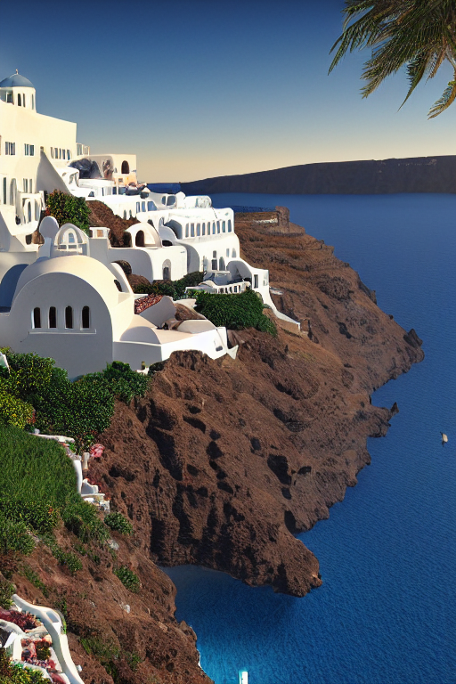 پیشنمایش منبع: Stable Diffusion prompt: Santorini Villa surrounded by water and nature, vi...